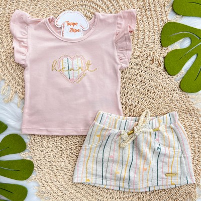 Conj. Blusa Heart e Short Saia em Linho Listrado - Rose e Areia Conj. Blusa Heart e Short Saia em Linho Listrado - Rose e Areia